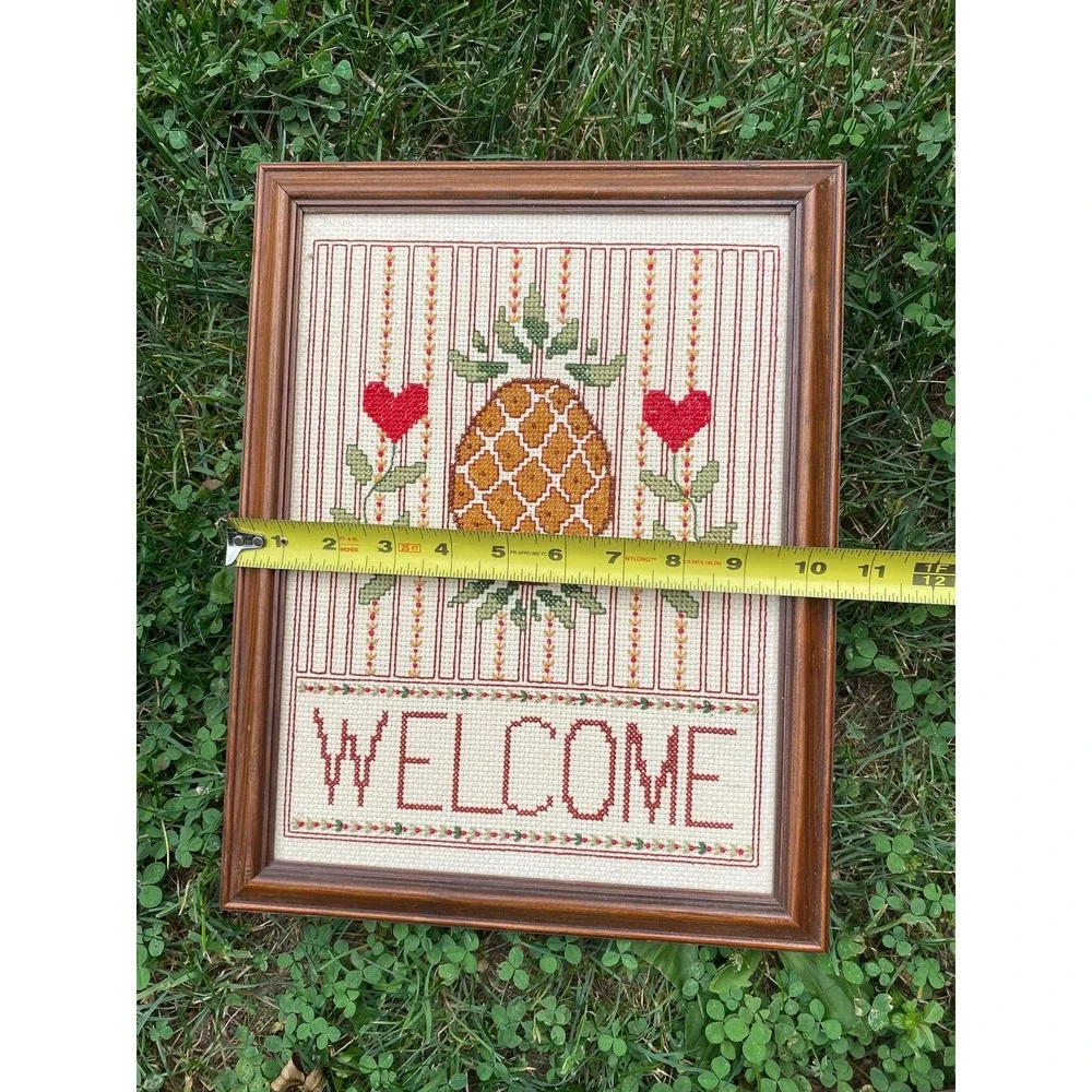 Elsa Williams needle crafted beaded pineapple welcome sign framed